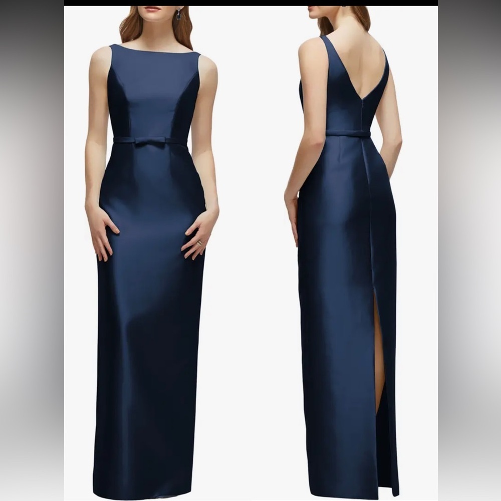 NEW Alfred Sung Strapless Bow Belt Satin Twill Column midnight blue Gown Sz 8